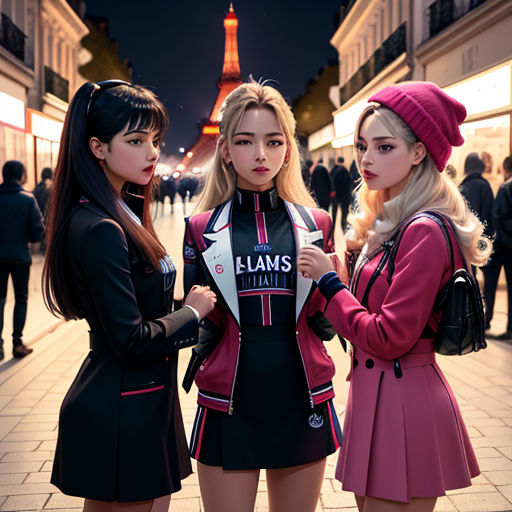 three girls standing on a sidewalk in front of a building with a eiffel tower in the background