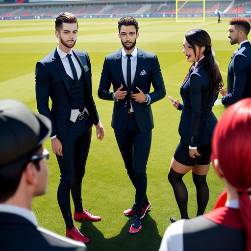 a group of people in suits standing on a field with a soccer field in the background and a man in the middle of the group