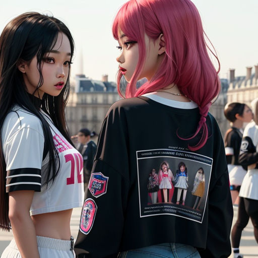 two girls standing next to each other in front of a crowd of people wearing t - shirts and shorts