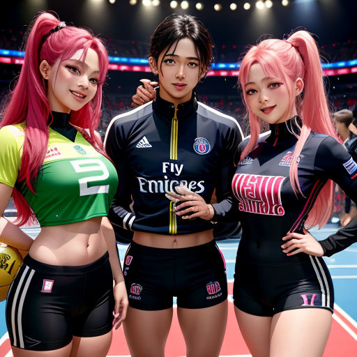 three anime girls standing next to each other on a tennis court with a stadium in the background and a stadium in the background