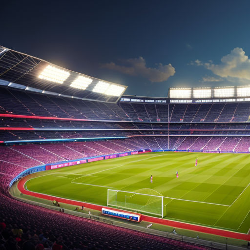 a stadium with a soccer field and a sky background with clouds and lights on it, with a few players on the field