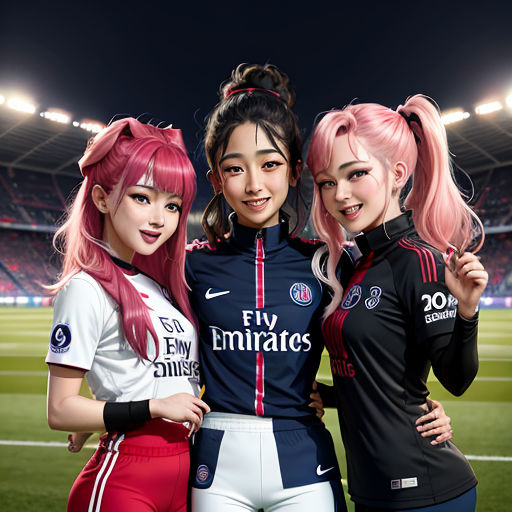 three girls are posing for a picture in front of a stadium at night with their pink hair in a ponytail