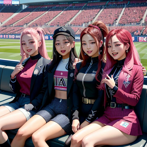 a group of girls sitting on a bench in a stadium with a stadium in the background and a stadium in the foreground