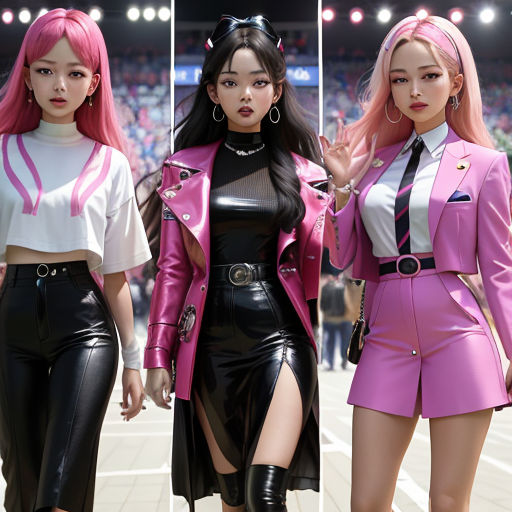 three different images of a woman in a pink outfit and a woman in a white shirt and black skirt