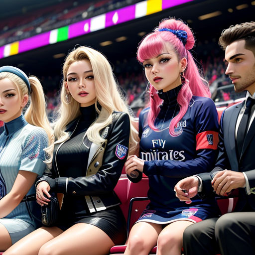 a group of people sitting on a bench in a stadium wearing sports uniforms and headphones on their heads