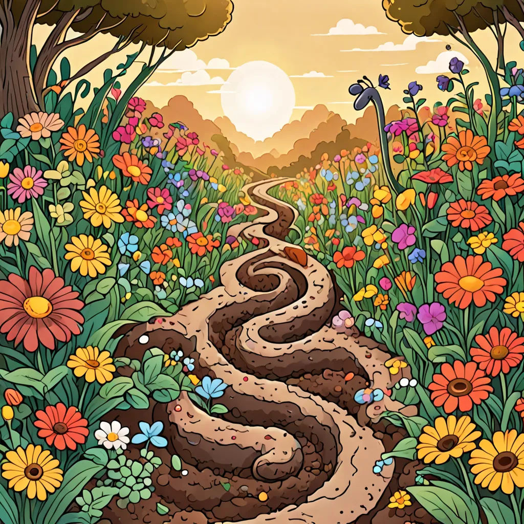 a painting of a path through a flowery field with trees and flowers on either side of it and a dragon on the other side, psychedelic art, a storybook illustration, Dan Mumford, josan gonzales and dan mumford