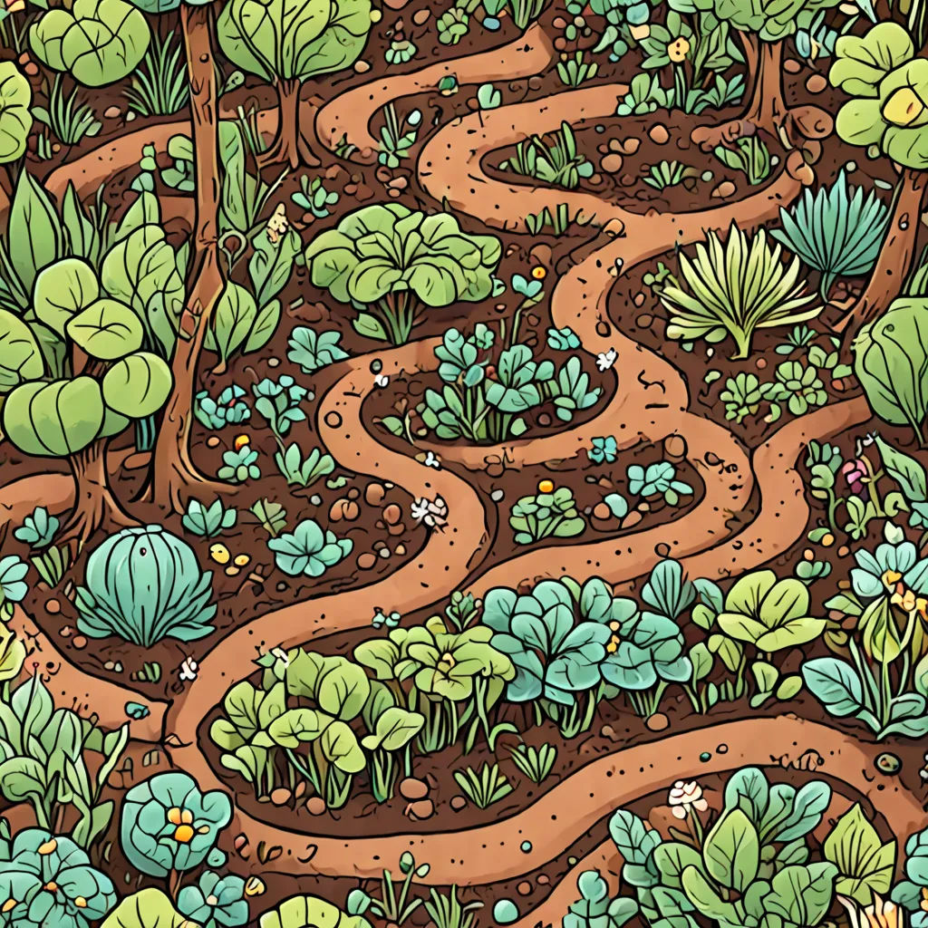 a garden with a path through the ground and plants growing on the ground, and a lot of dirt, context art, a storybook illustration, Asaf Hanuka, detailed illustration