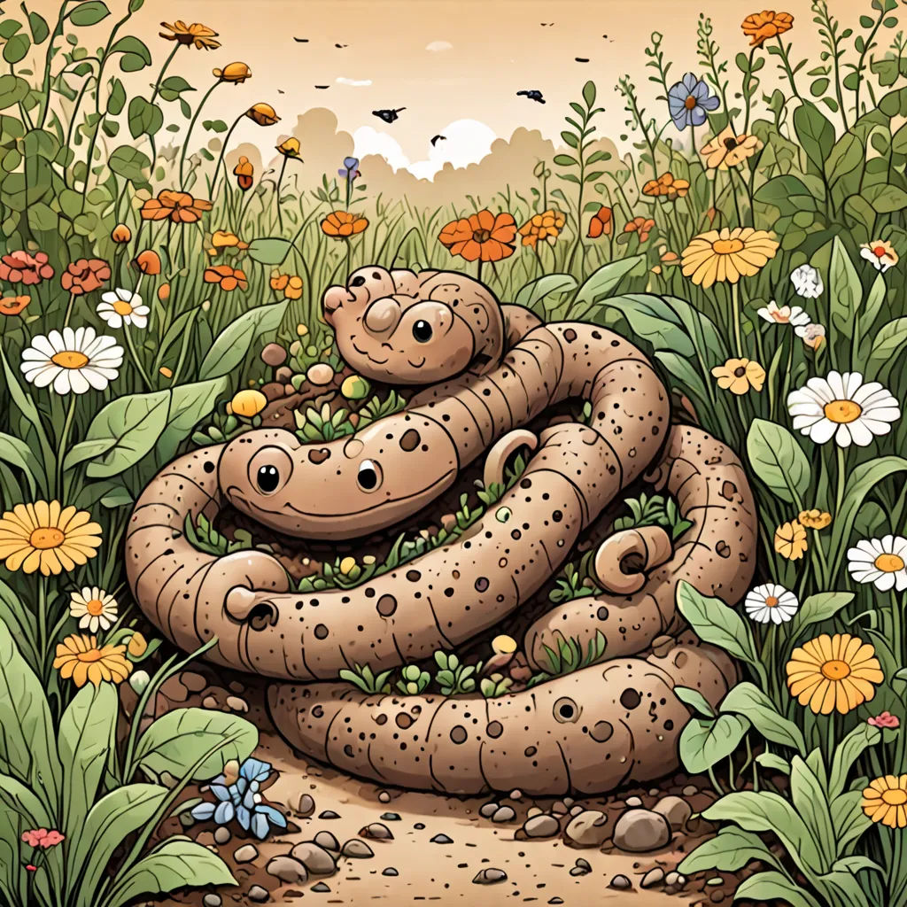 a snake is curled up in the grass with flowers around it and a bird flying overhead in the sky, ecological art, a storybook illustration, Aileen Eagleton, highly detailed digital art
