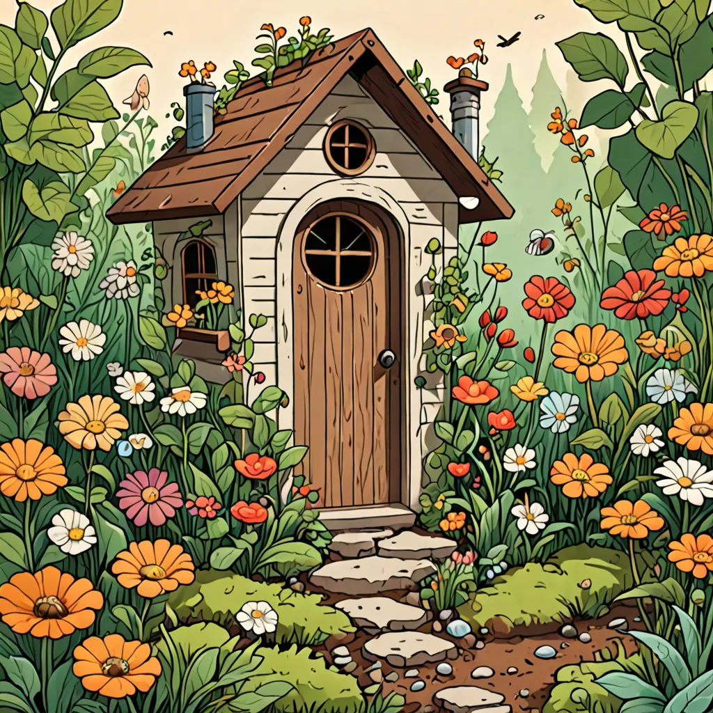 a small house in a garden with flowers and plants around it, with a pathway leading to it and a door, fantasy art, a storybook illustration, Chris LaBrooy, storybook illustration
