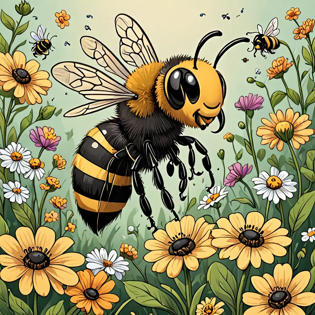 a bee is flying over a field of flowers and daisies with bees around it, and a blue sky in the background, furry art, an illustration of, Brian Despain, detailed illustration