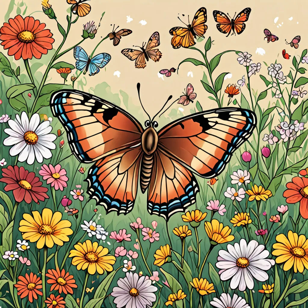 a butterfly is sitting on a flower field with daisies and daisies in the foreground, and a butterfly in the background, psychedelic art, a storybook illustration, Annabel Kidston, high detail illustration