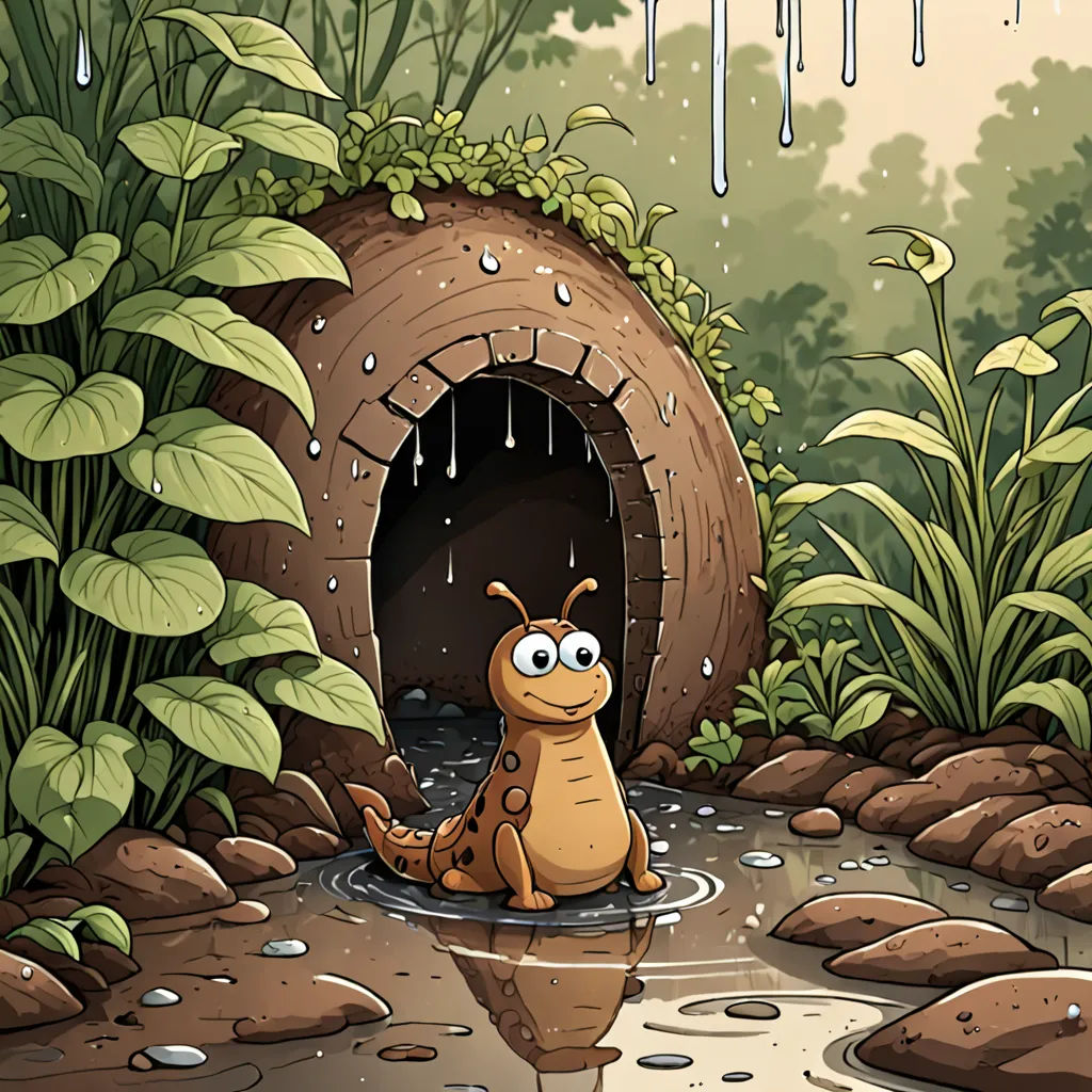 a cartoon cat sitting in a puddle of water in front of a tunnel with rain coming down on it, sots art, a storybook illustration, Abidin Dino, storybook illustration