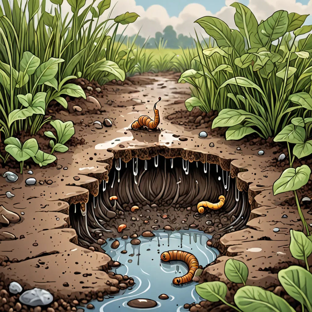 a cartoon of a muddy road with a worm hole in the middle of it and a few bugs crawling in the hole, environmental art, a storybook illustration, Chris LaBrooy, storybook illustration