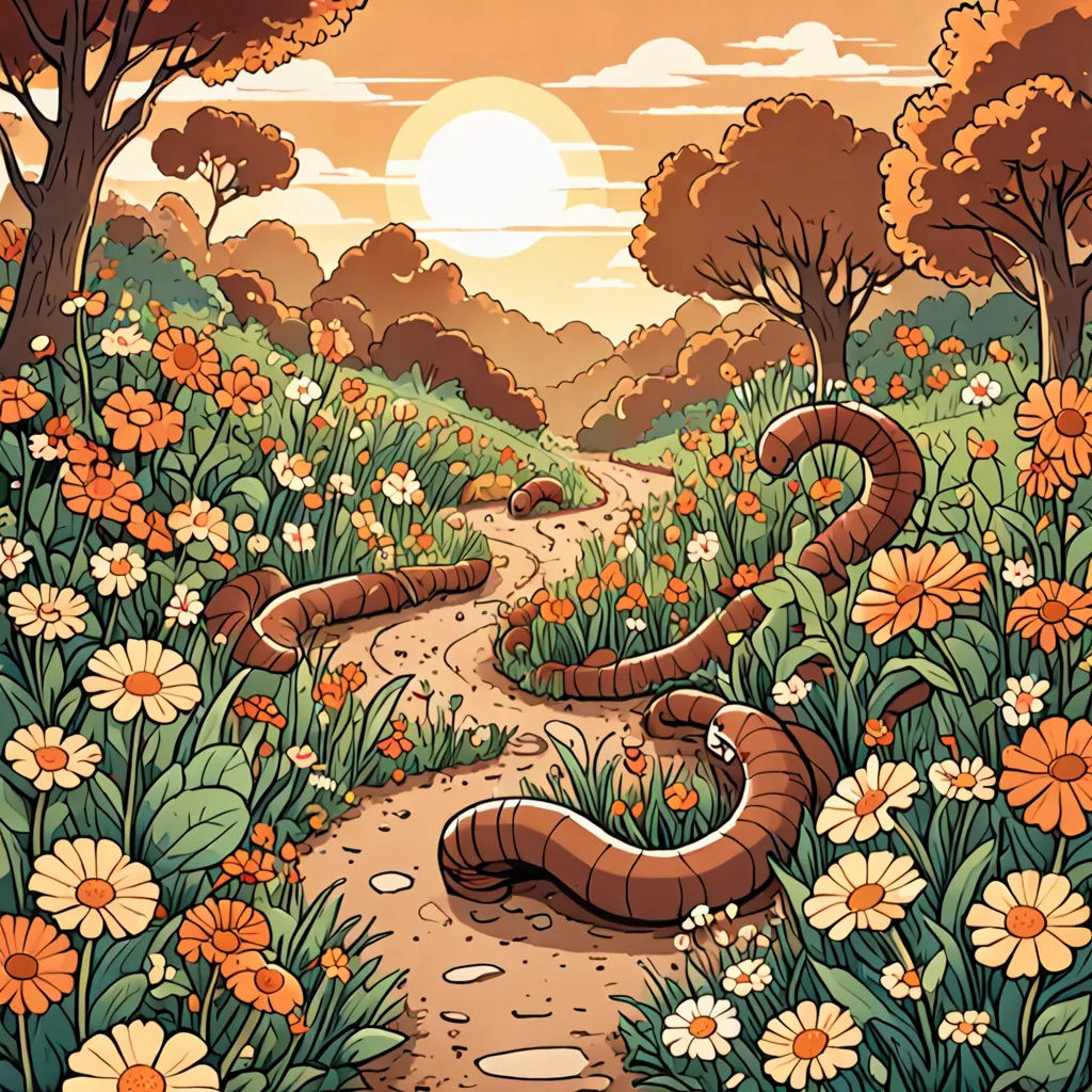 a painting of a snake on a path in a field of flowers and trees with a sun in the background, sots art, a storybook illustration, Dan Mumford, promotional image