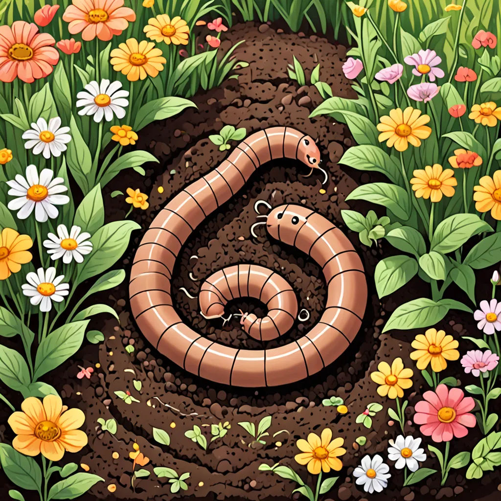 a snake crawling in the dirt surrounded by flowers and grass with daisies in the background and a worm crawling in the dirt, environmental art, a storybook illustration, Chris LaBrooy, detailed illustration