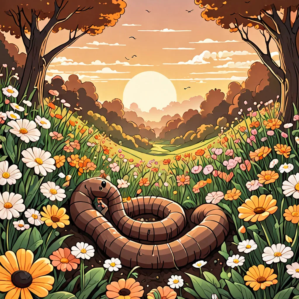 a snake is in the middle of a field of flowers and trees with a sunset in the background and a field of flowers and trees with a snake, environmental art, a storybook illustration, Dan Mumford, game art