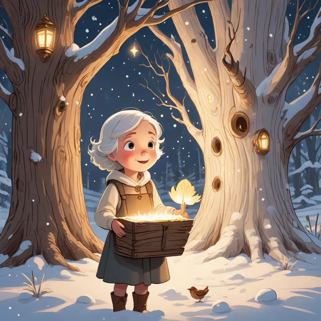 a little girl holding a box in the snow with a light in it's hand and a bird nearby, fantasy art, a storybook illustration, Cliff Childs, storybook illustration