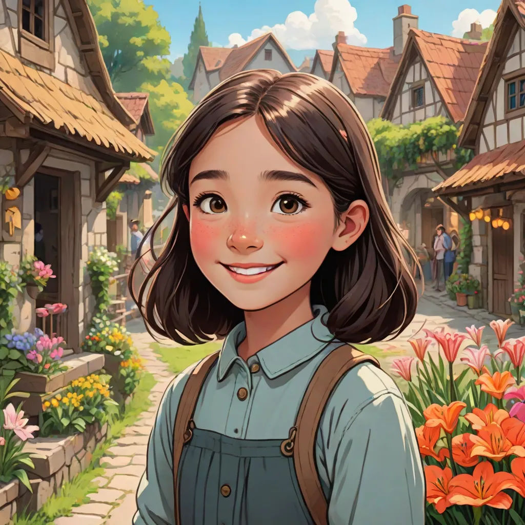 a cartoon girl standing in front of a garden with flowers and a house in the background with a man standing in front of her, fantasy art, a storybook illustration, Alice Prin, rossdraws global illumination