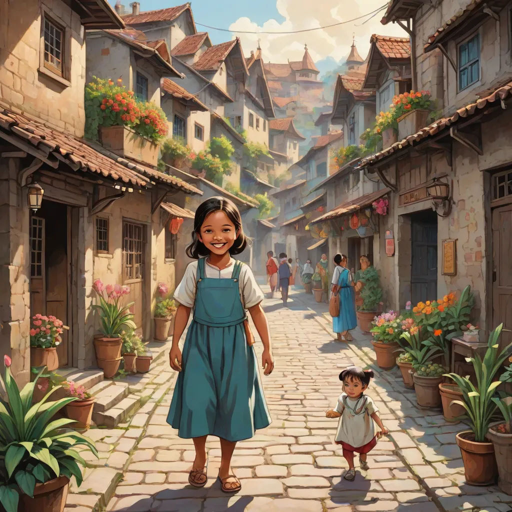 a painting of a little girl and a boy walking down a street in a village with flowers and potted plants, magical realism, a storybook illustration, Brothers Hildebrandt, kinkade