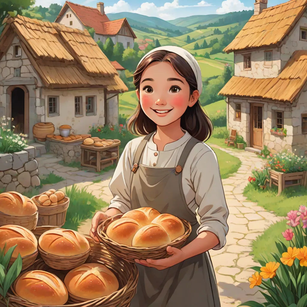 a girl holding a basket of bread in front of a village with a farm and a house in the background, american scene painting, a storybook illustration, Anne Said, official art