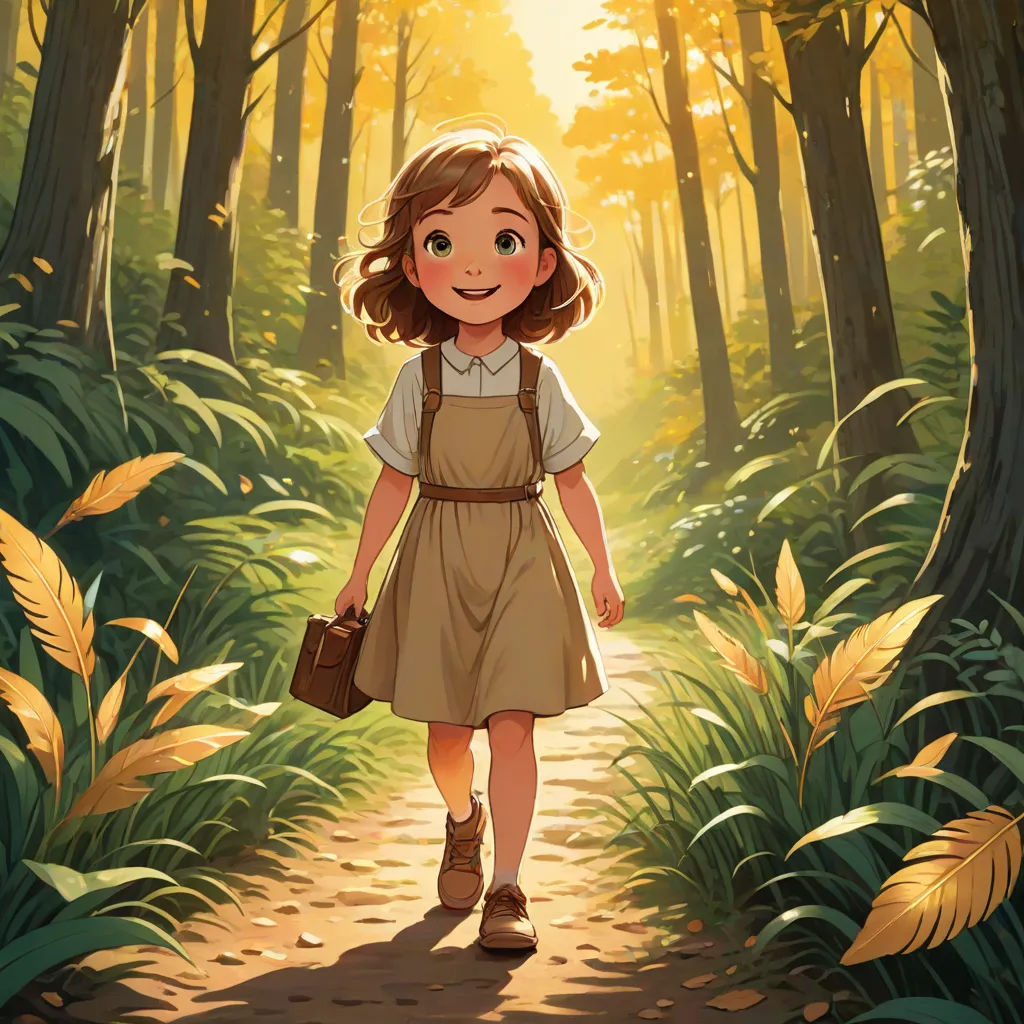 a girl in a dress walking through a forest with a bag on her shoulder and a handbag on her hip, fantasy art, a storybook illustration, Atey Ghailan, rossdraws global illumination