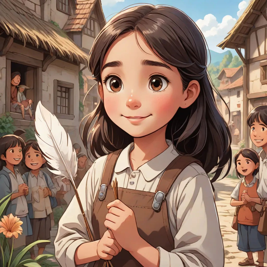 a girl holding a feather in front of a group of children in a village with a bird on her shoulder, fantasy art, a storybook illustration, Anne Said, storybook illustration