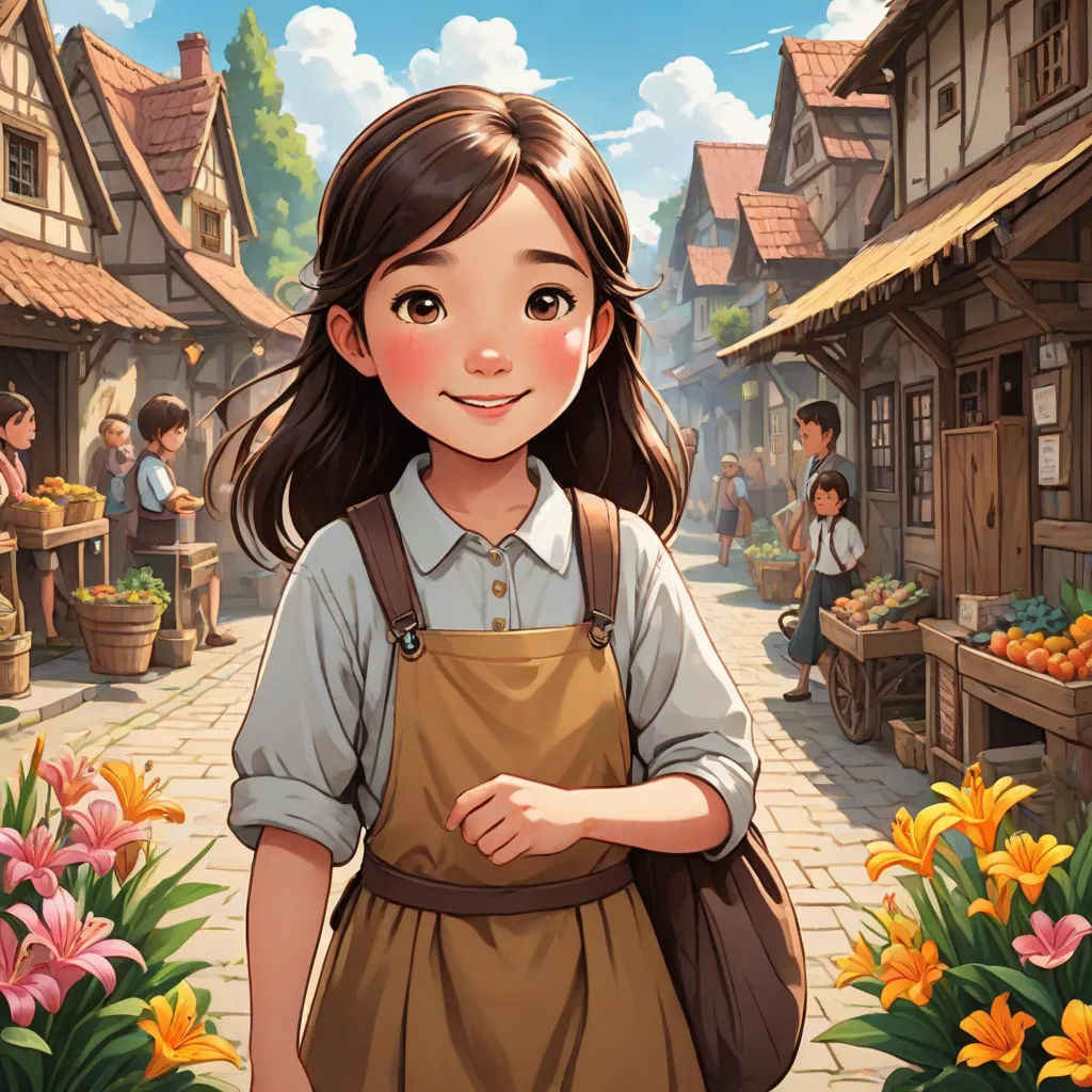 a girl in a brown apron is standing in front of a flower shop and a man in a blue shirt, fantasy art, a storybook illustration, Alice Prin, storybook illustration