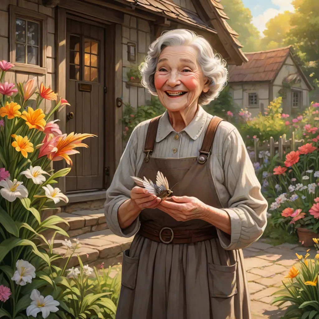 a painting of a woman holding a bird in her hands and smiling at the camera, with flowers in the background, fantasy art, a storybook illustration, Bob Byerley, highly detailed digital painting