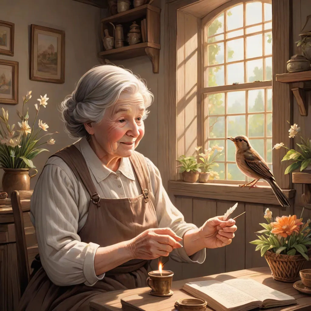 a painting of a woman sitting at a table with a bird on her hand and a candle in front of her, american scene painting, a storybook illustration, Bob Byerley, storybook illustration