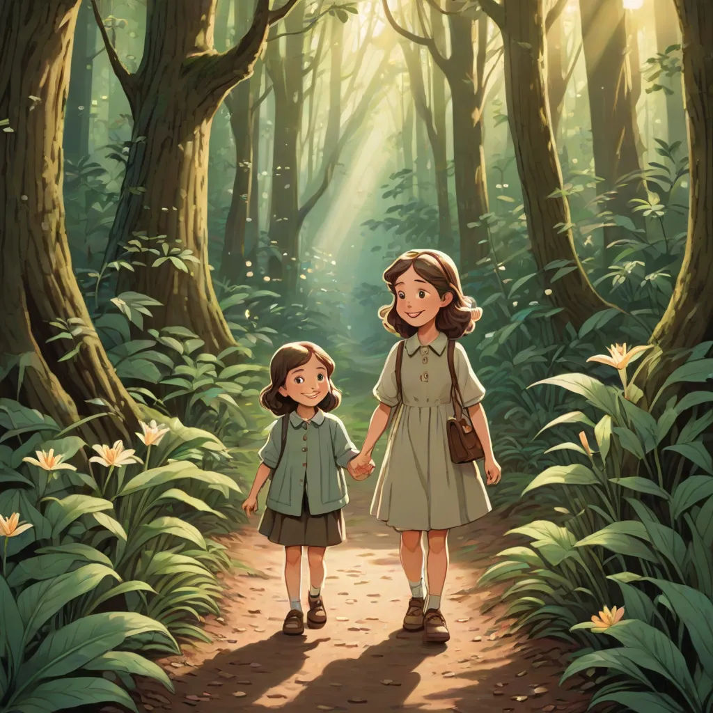 a painting of two children walking in a forest with sunlight shining through the trees and flowers on the ground, serial art, a storybook illustration, Anne Said, official art