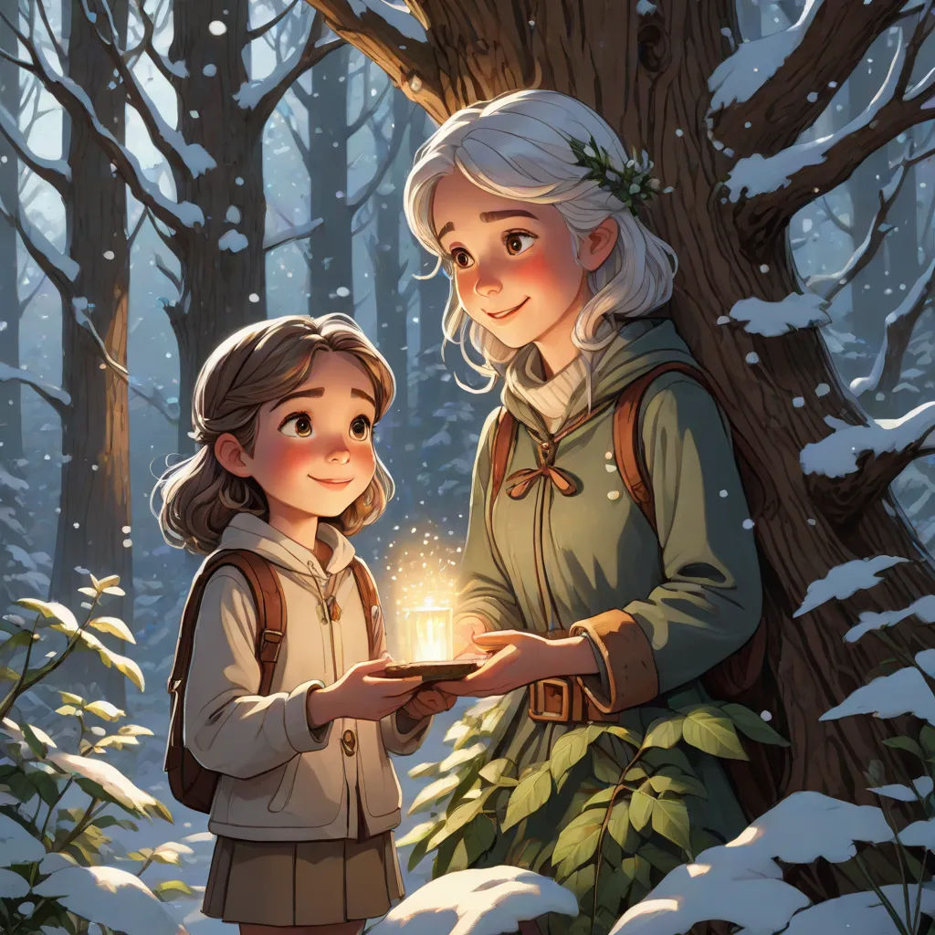 a girl holding a candle in a snowy forest with a girl looking at it in the mirror and a girl looking at it, fantasy art, a storybook illustration, Cliff Childs, rossdraws global illumination