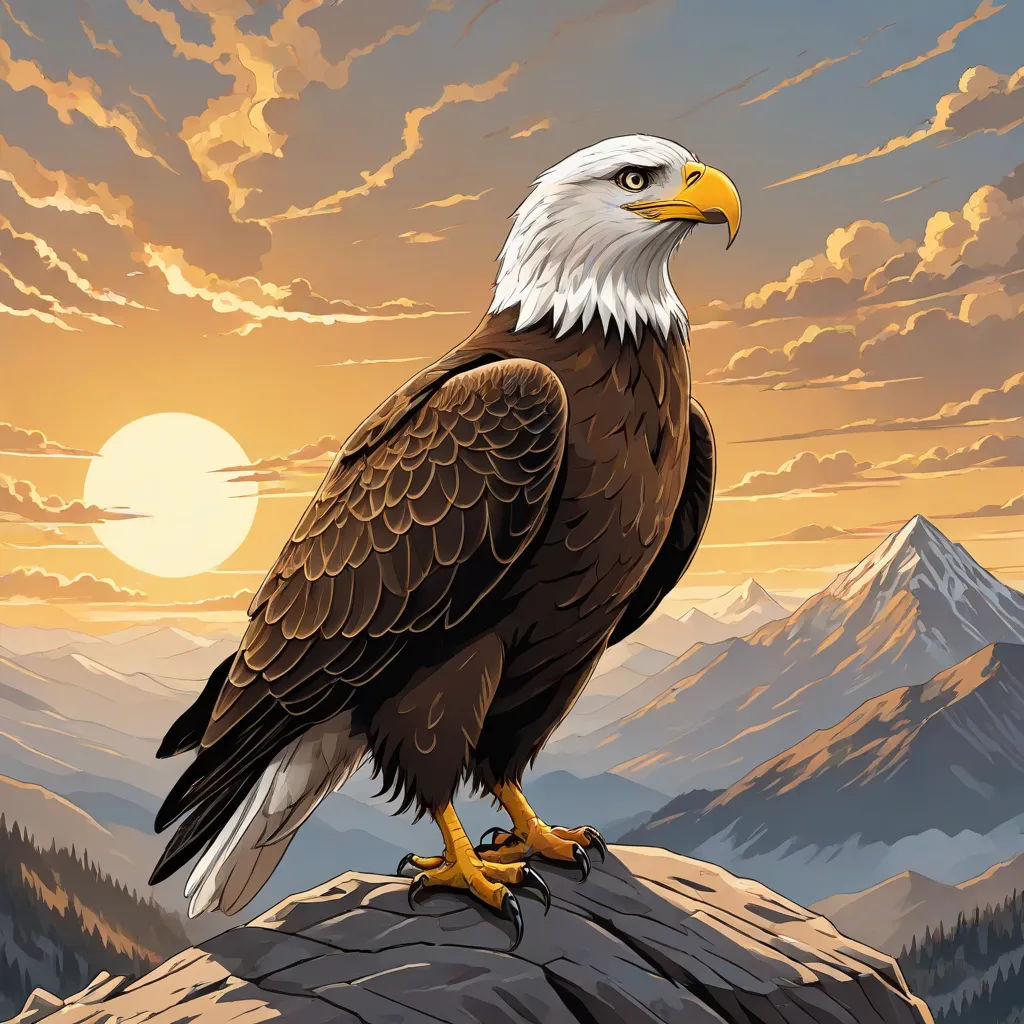 a bald eagle sitting on a rock in the mountains at sunset with a mountain range in the background and a sun setting, Anne Stokes, american scene painting, an airbrush painting, majestic