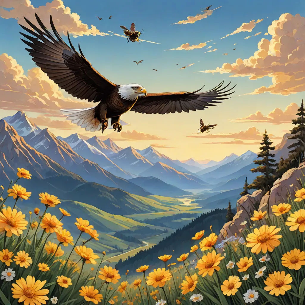 a painting of an eagle flying over a mountain range with yellow flowers and butterflies in the foreground and a sunset in the background, Anne Stokes, american scene painting, a detailed matte painting, nature
