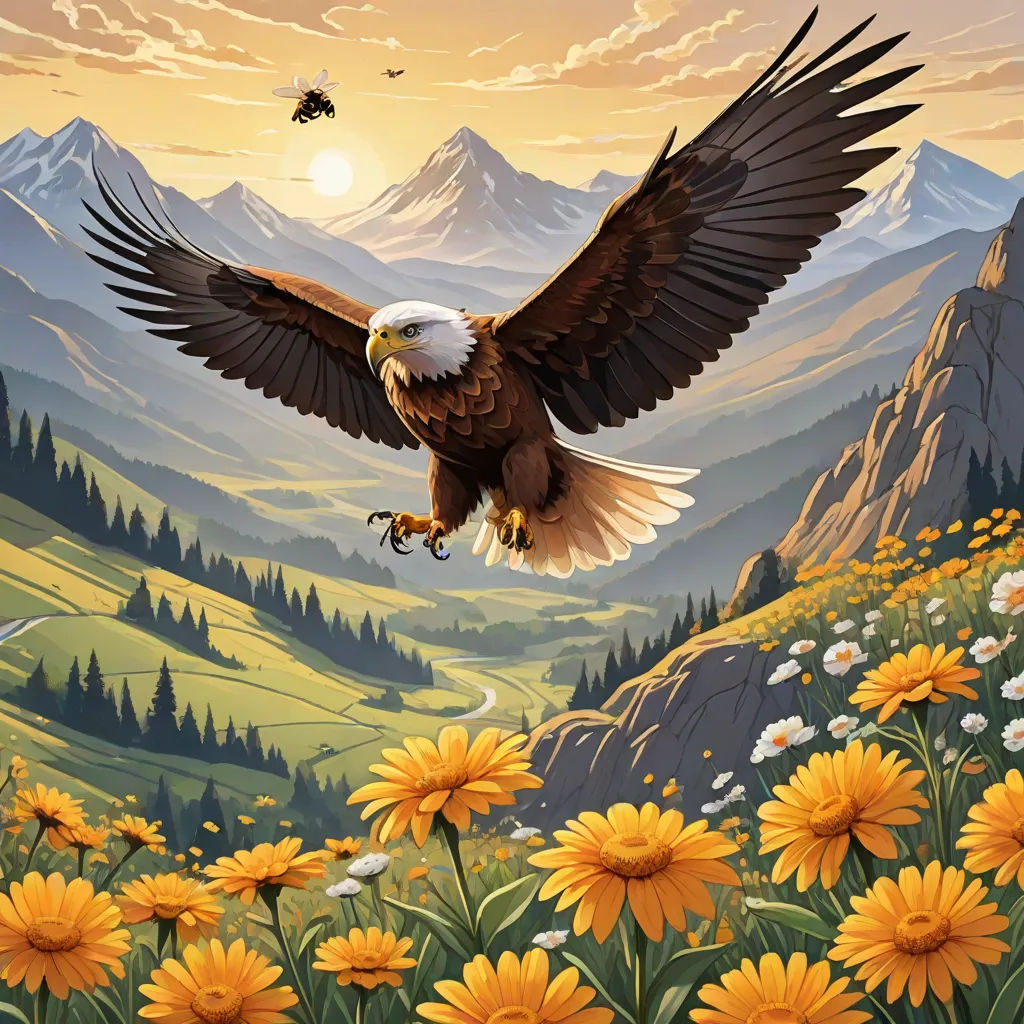 a painting of a bald eagle flying over a mountain range with yellow flowers and a bee flying in the air, Anne Stokes, american scene painting, a detailed matte painting, highly detailed digital painting