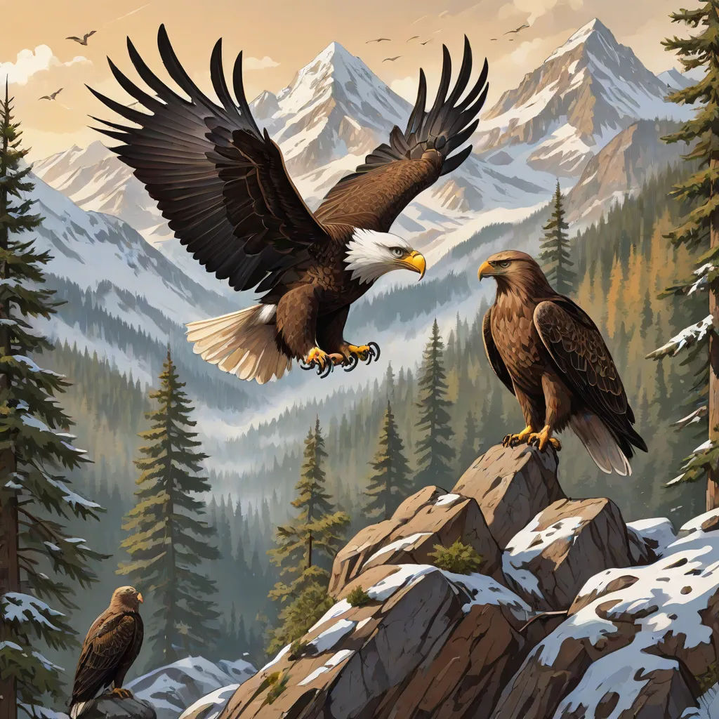 two bald eagles are perched on a snowy mountain top with pine trees and mountains in the background, with a mountain range in the background, Brothers Hildebrandt, american scene painting, a detailed matte painting, highly detailed digital painting