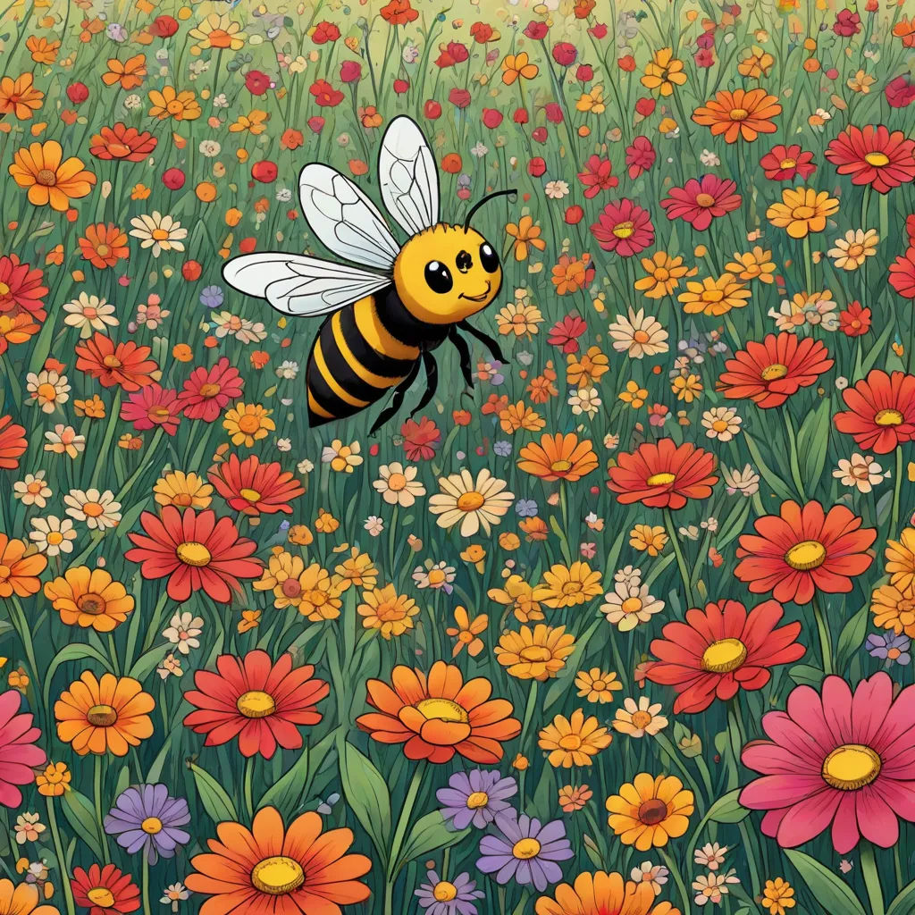 a bee flying over a field of flowers and daisies with a sky background of red, yellow, and orange flowers, Chris Ware, folk art, a storybook illustration, storybook illustration