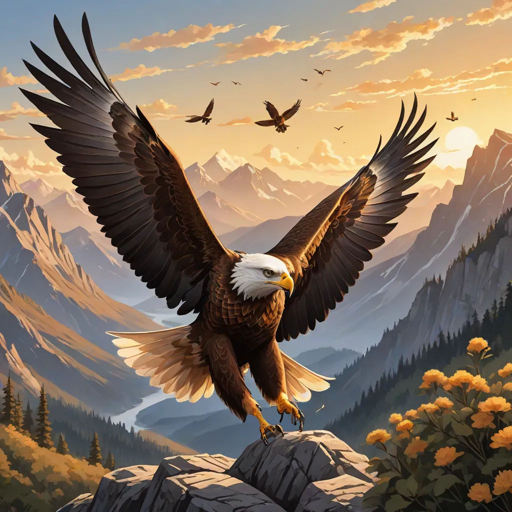 a painting of an eagle flying over a mountain range with a sunset in the background and a bird flying over the mountain, Anne Stokes, fantasy art, a detailed matte painting, highly detailed digital painting