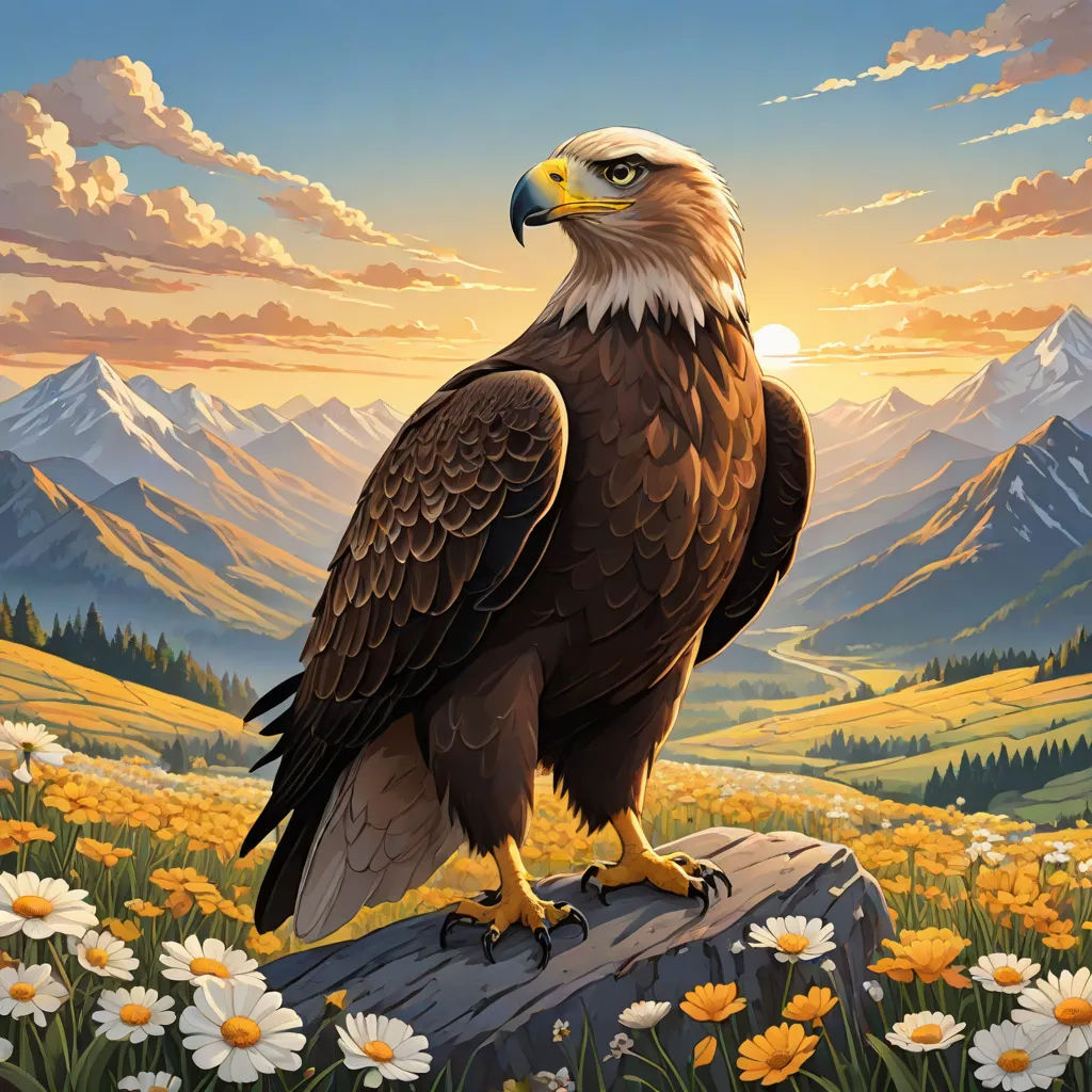 a painting of a bald eagle sitting on a log in a field of daisies and mountains with a sunset in the background, Anne Stokes, american scene painting, an airbrush painting, highly detailed digital painting