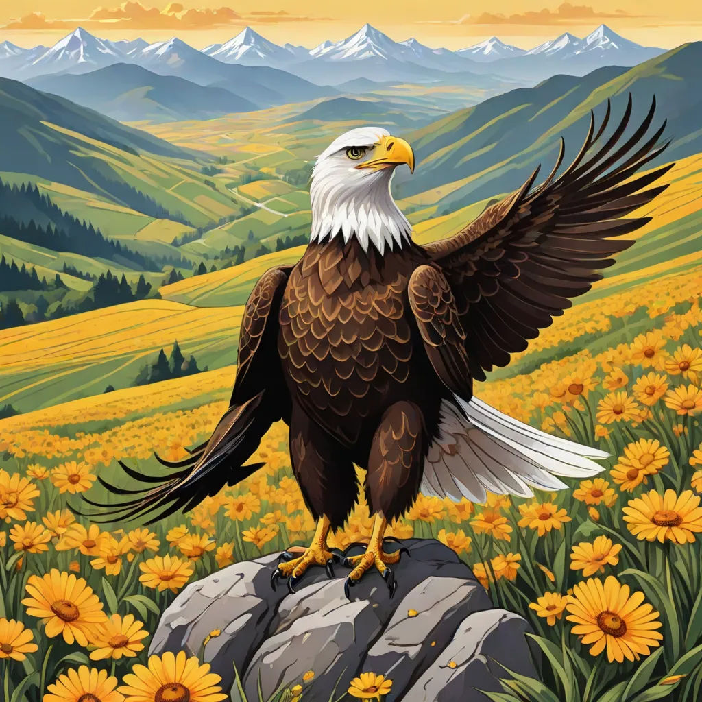 a painting of an eagle on a rock in a field of sunflowers with mountains in the background, Anne Stokes, american scene painting, an album cover, majestic
