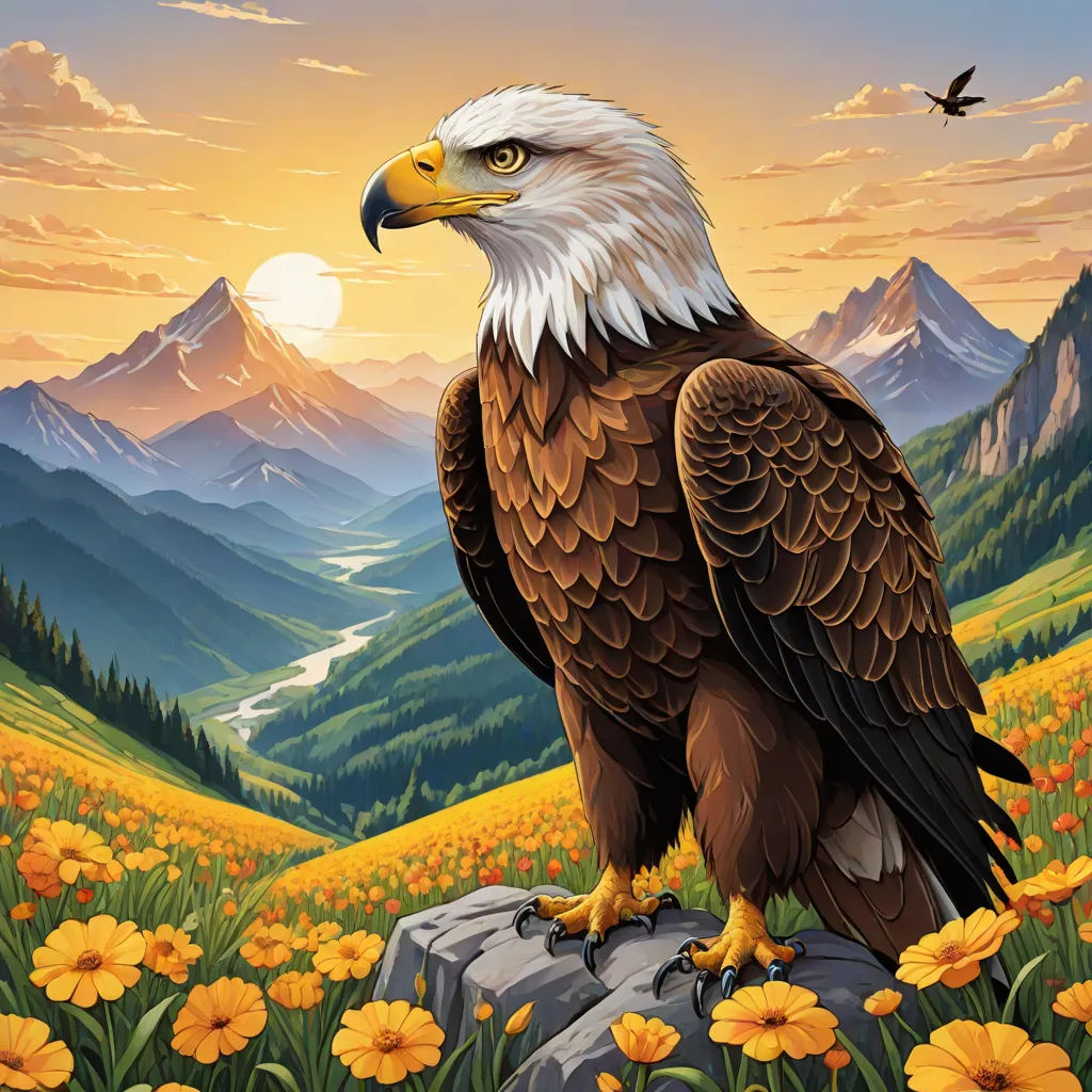 a painting of an eagle sitting on a rock in a field of flowers with mountains in the background and a bird flying over it, Anne Stokes, american scene painting, an airbrush painting, highly detailed digital painting
