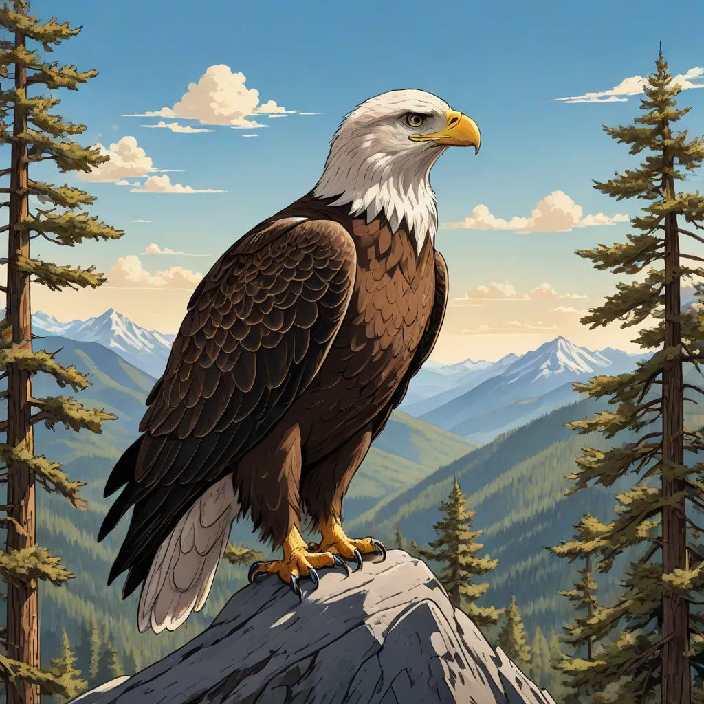 a bald eagle perched on a rock in a forest with mountains in the background and clouds in the sky, Dan Mumford, american scene painting, a detailed matte painting, highly detailed digital painting