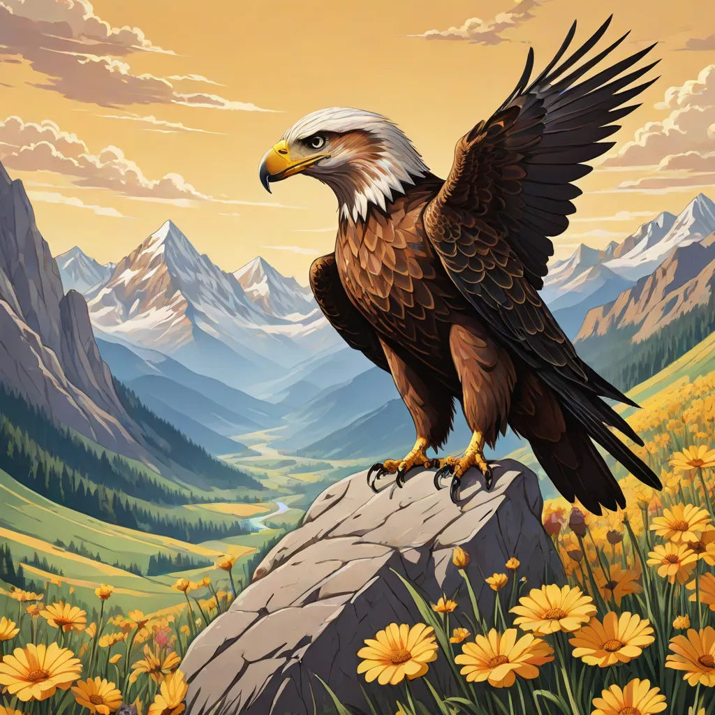 a painting of a bald eagle perched on a rock in a mountain meadow with yellow flowers and mountains in the background, Chris LaBrooy, american scene painting, an airbrush painting, highly detailed digital painting