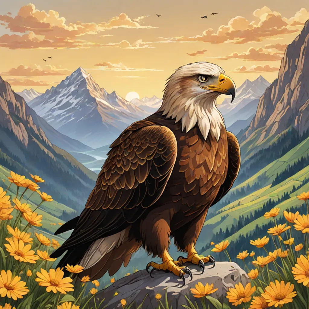 a painting of a bald eagle perched on a rock in a mountain meadow with yellow flowers and mountains in the background, Chris LaBrooy, fantasy art, an album cover, highly detailed digital art
