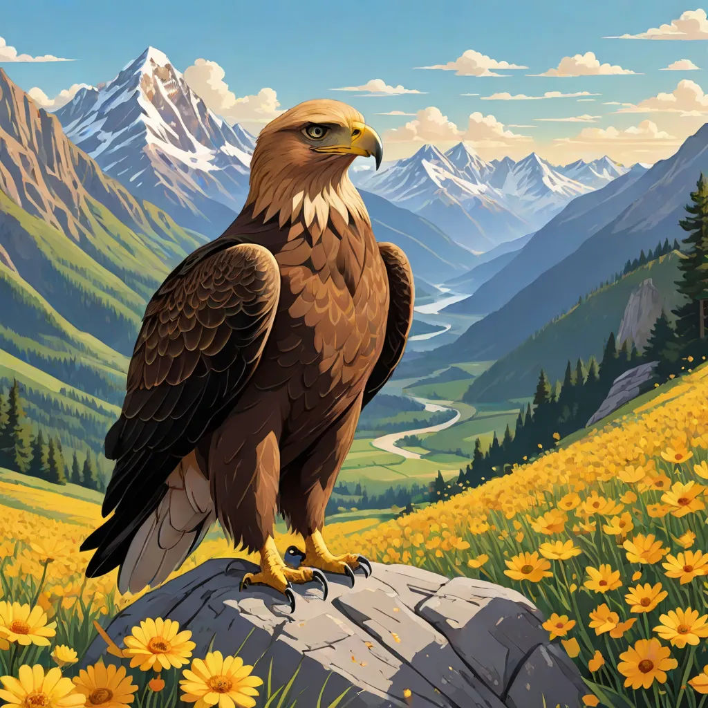 a painting of a bald eagle sitting on a rock in a field of flowers and mountains with a river running through it, Brothers Hildebrandt, american scene painting, a detailed matte painting, highly detailed digital painting