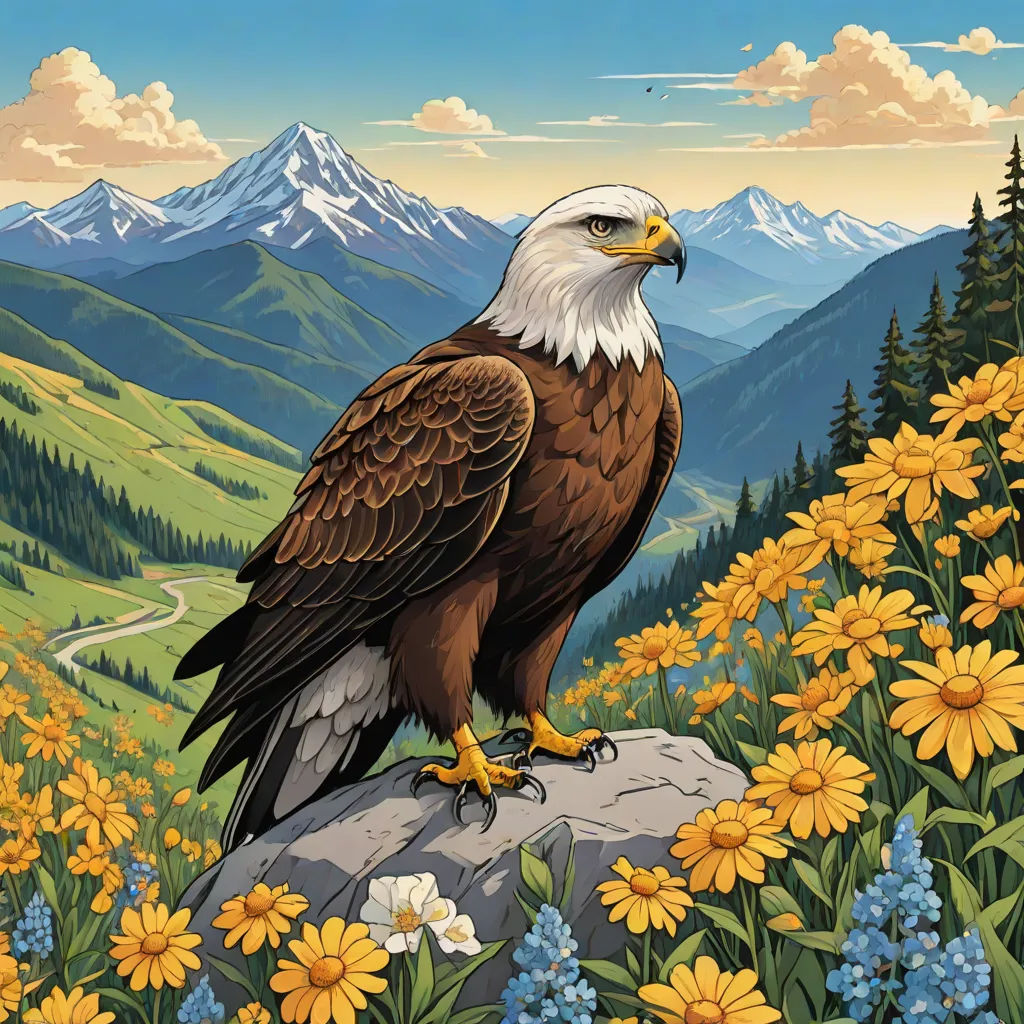 a painting of a bald eagle sitting on a rock in a field of flowers and mountains with a road in the background, Dan Mumford, american scene painting, a fine art painting, josan gonzales and dan mumford