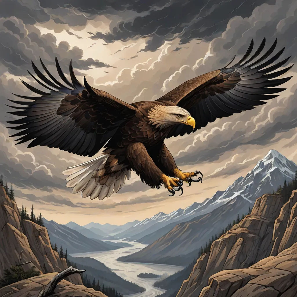 a painting of an eagle flying over a mountain range with a river below it and a cloudy sky above, Dan Mumford, fantasy art, an airbrush painting, highly detailed digital painting