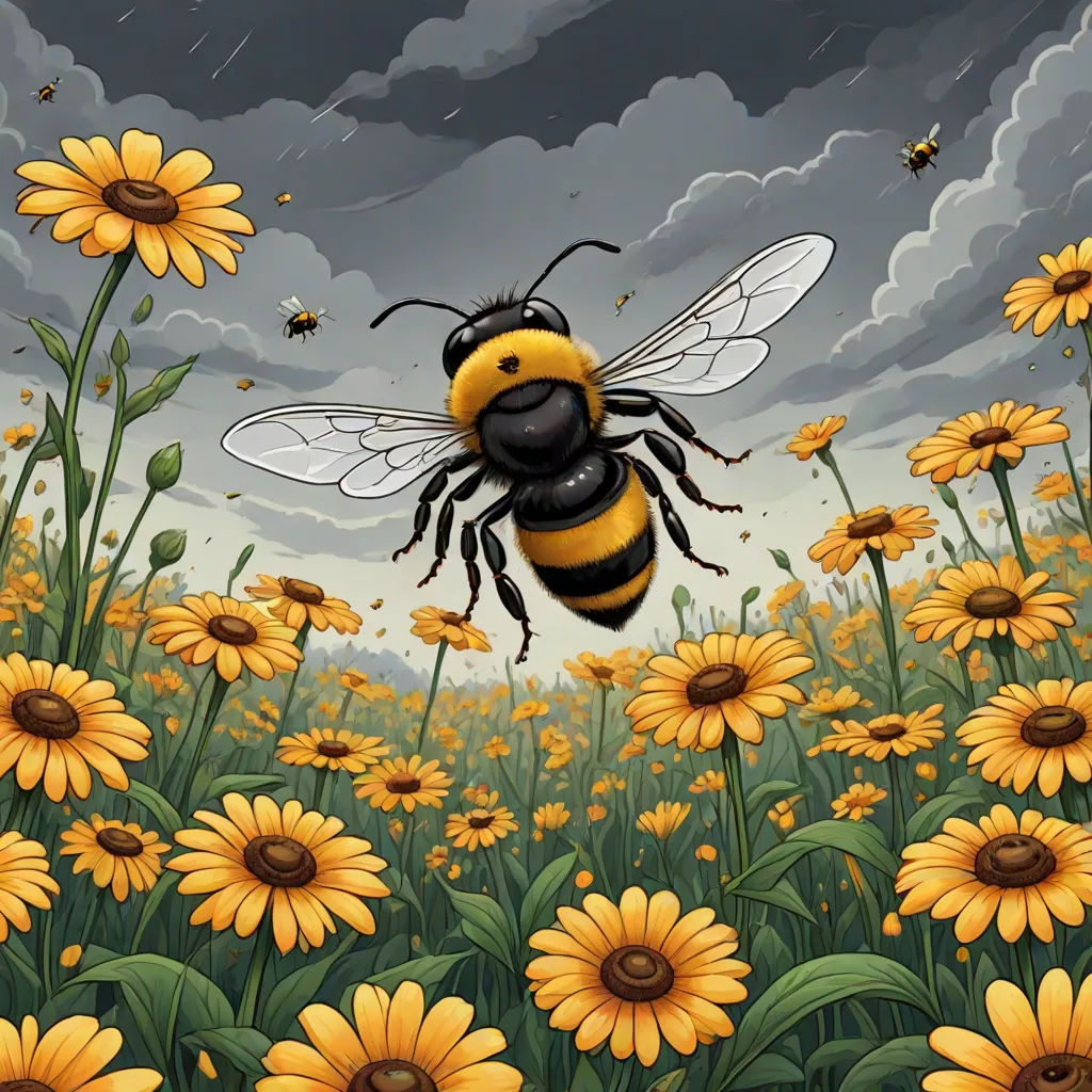 a painting of a bee flying over a field of sunflowers with a storm in the background and a dark sky, Cyril Rolando, pop surrealism, an illustration of, detailed illustration