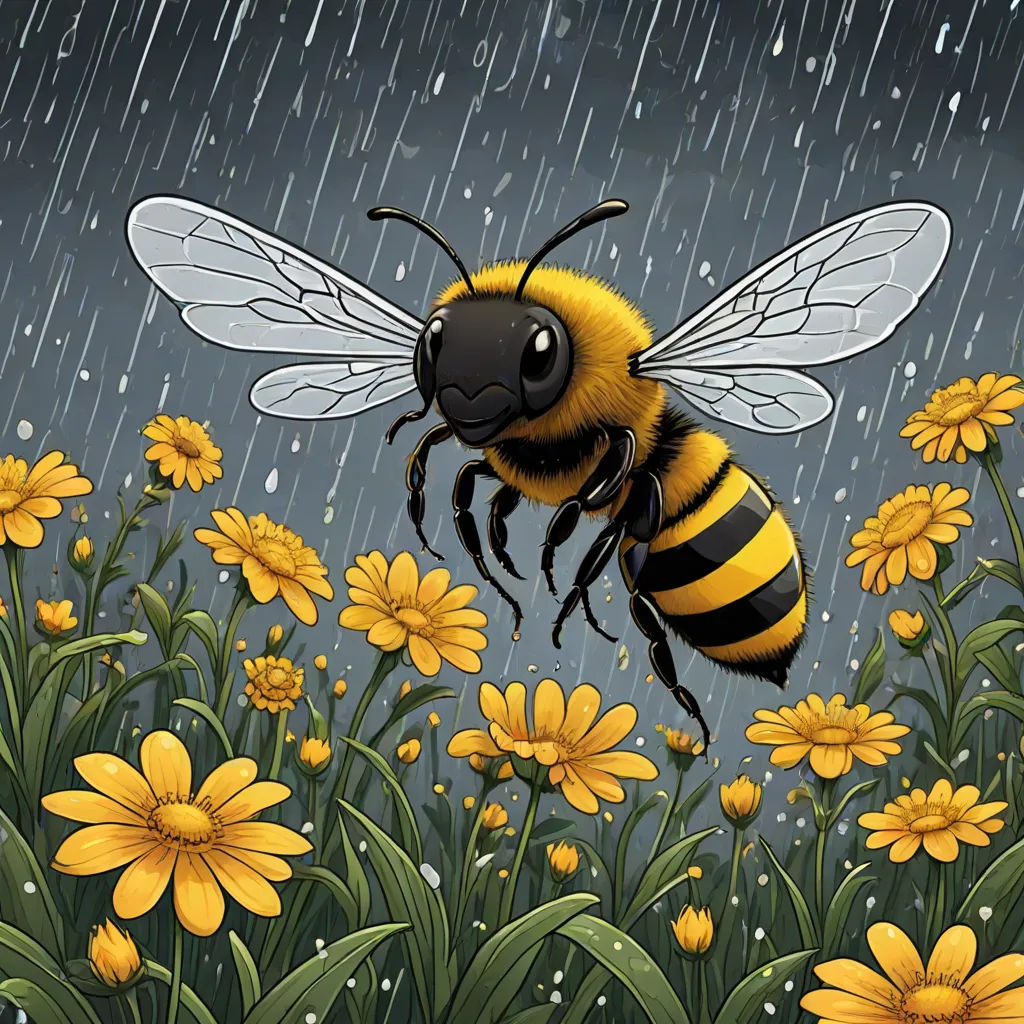 a bee flying over a field of yellow flowers in the rain with a black background and a black and white outline, Art Spiegelman, environmental art, a storybook illustration, detailed illustration