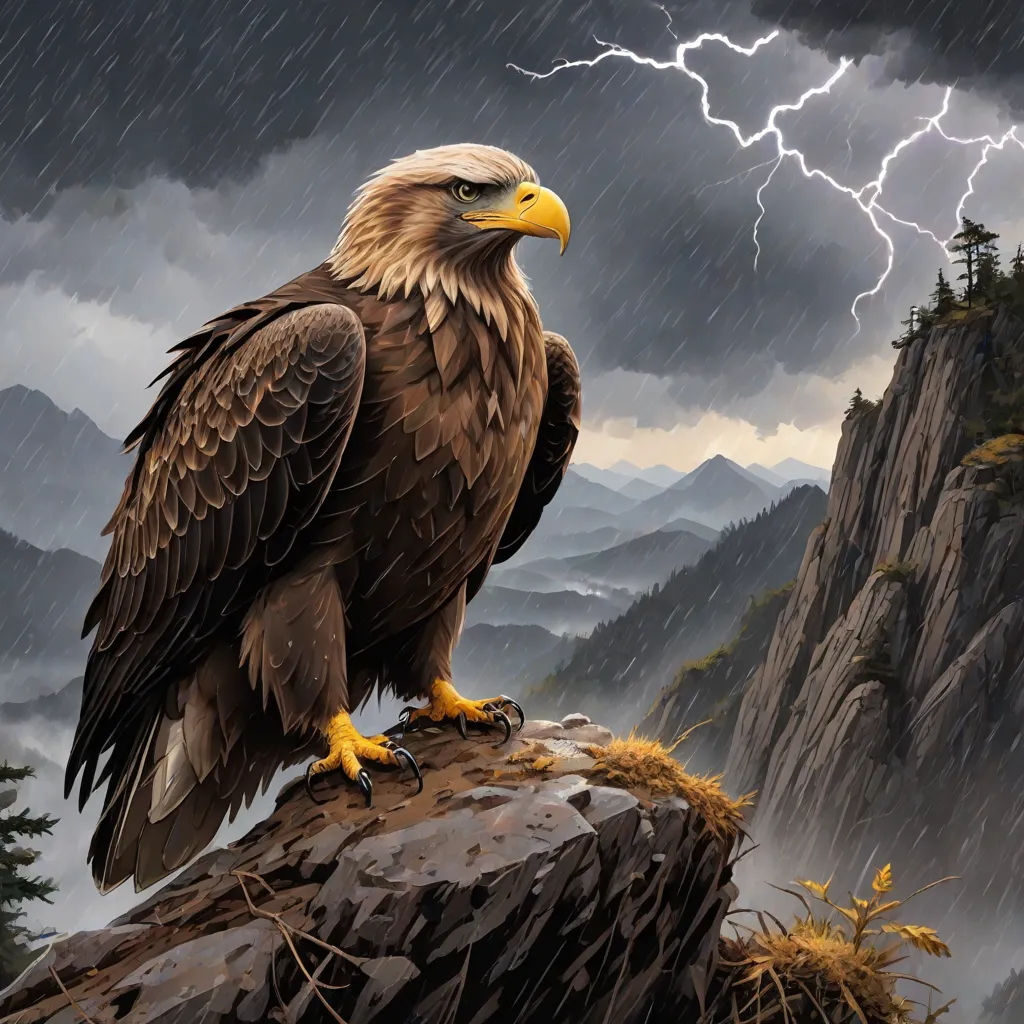 a painting of a bald eagle perched on a rock in the rain with a lightning bolt in the background, Anne Stokes, gothic art, a digital painting, highly detailed digital painting