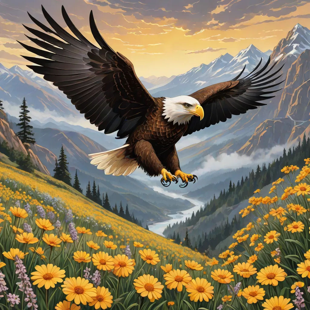 a painting of an eagle flying over a mountain range with yellow flowers and trees in the foreground and a mountain range in the background, Anne Stokes, american scene painting, a detailed matte painting, nature